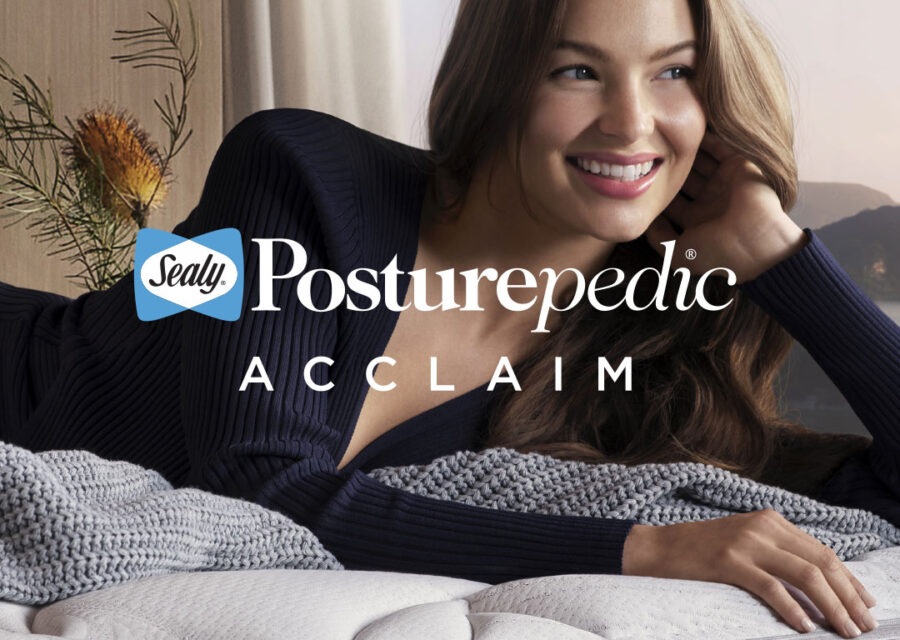 Sealy Acclaim campaign featuring model Jaelynn Hinton relaxing on a Sealy Posturepedic Acclaim mattress