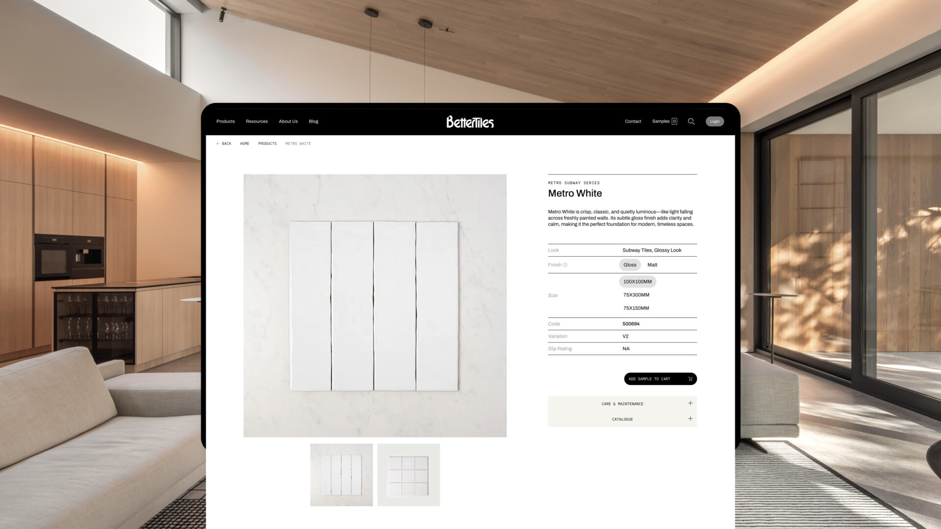The product card webpage, displayed in front of a modern house interior.