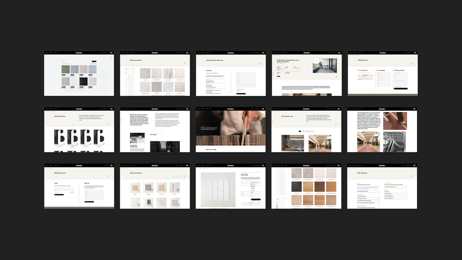 Various webpages for the desktop version of the BetterTiles website.