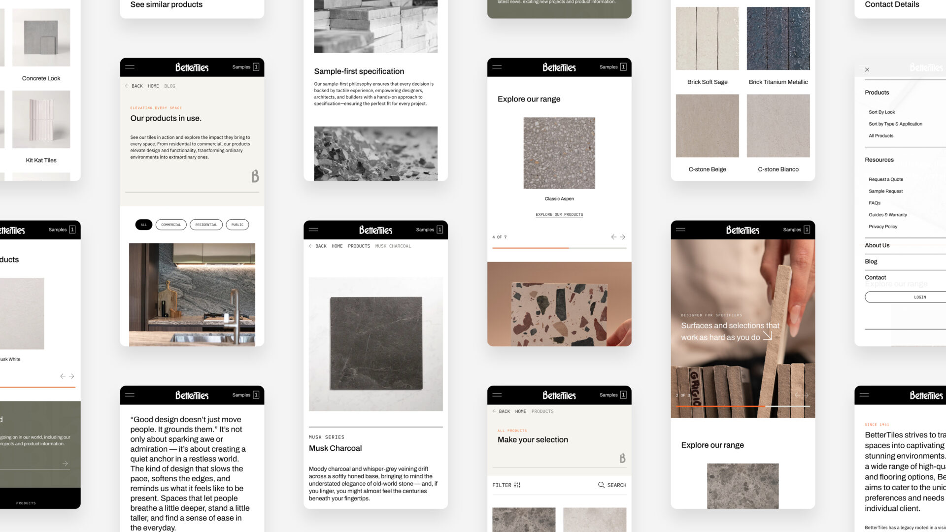 Various webpages for the mobile version of the BetterTiles website.