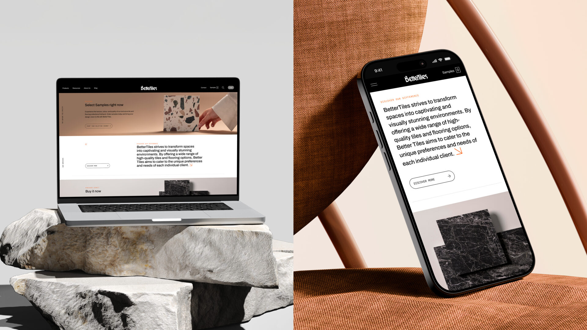 A mockup each of the desktop and mobile versions of the BetterTiles website.