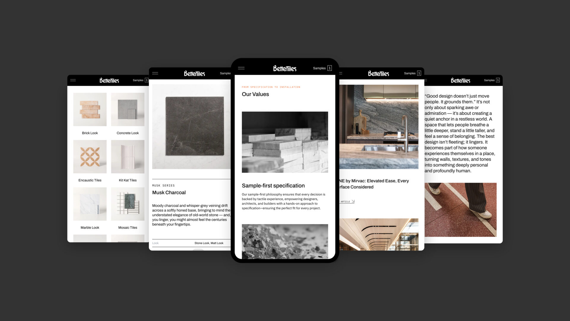 5 screens displaying the products process for the BetterTiles website.